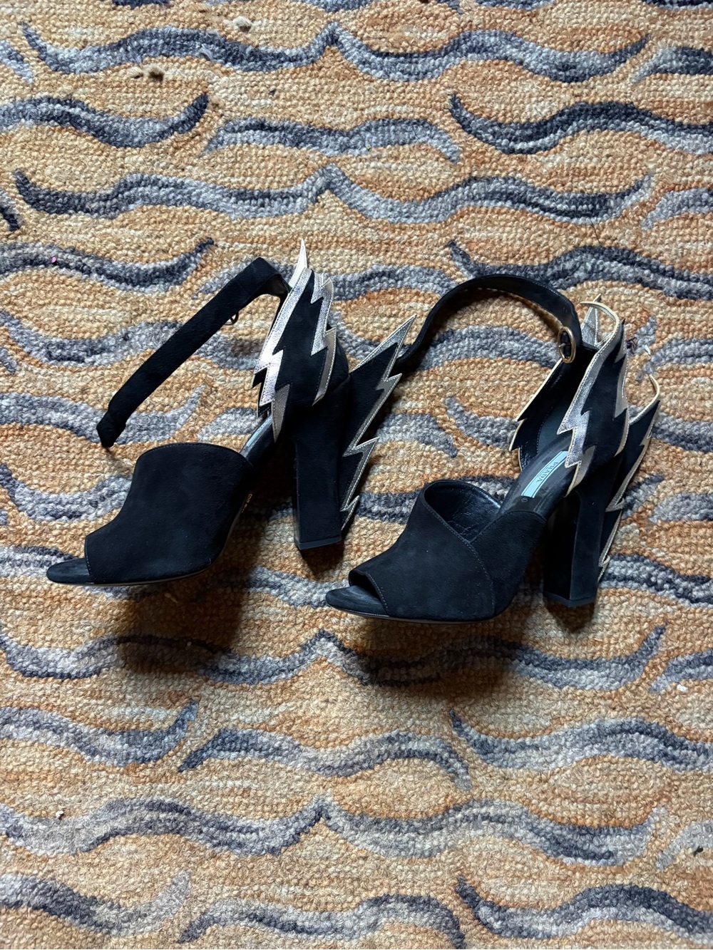 Black Suede Peep-Toe Prada Heels with  Lightning Accent side 38